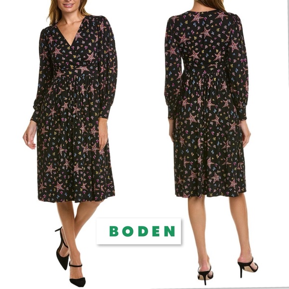 Boden Blouson Sleeve Fixed Wrap Jersey Midi Dress Black Star Floral 2 P NWT - Picture 6 of 16